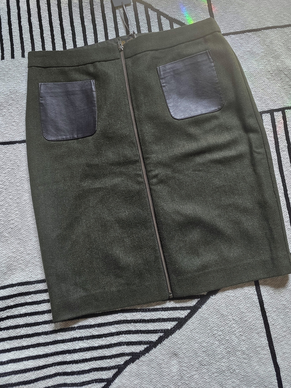 Forest Green Skirt with Full Front Zip & Faux Leather Pockets